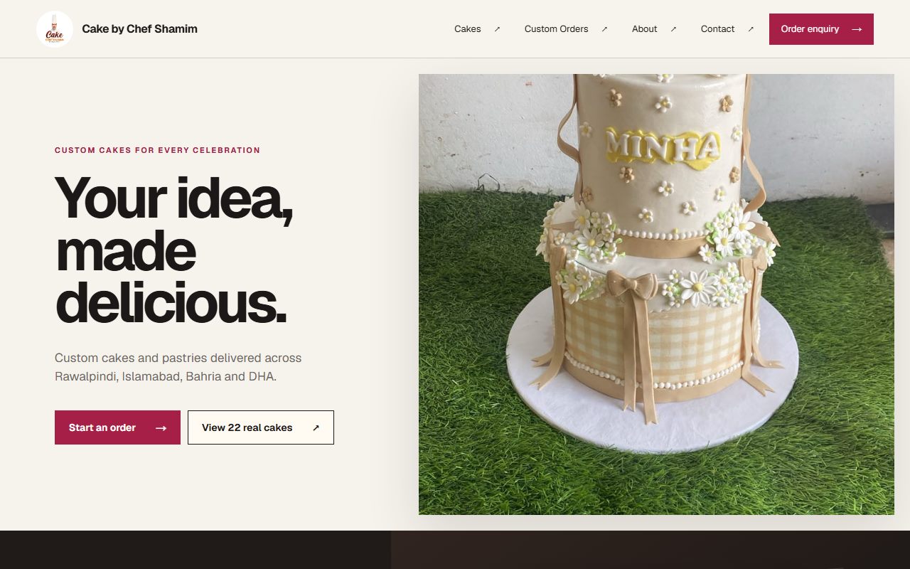 Home page of the Cake by Chef Shamim website, showing a two-tier custom cake