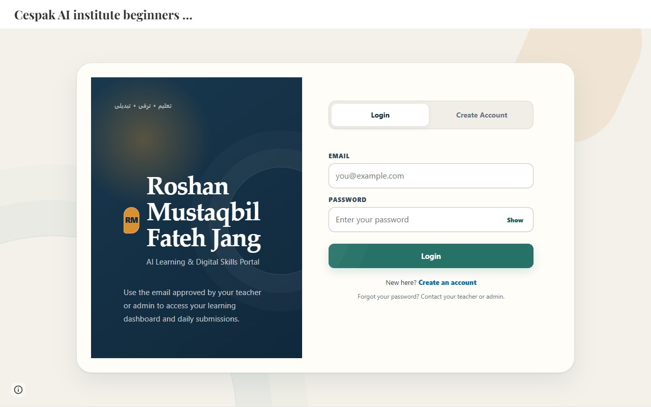Sign-in screen of the CESPAK AI Institute student task portal, with Login and Create Account tabs