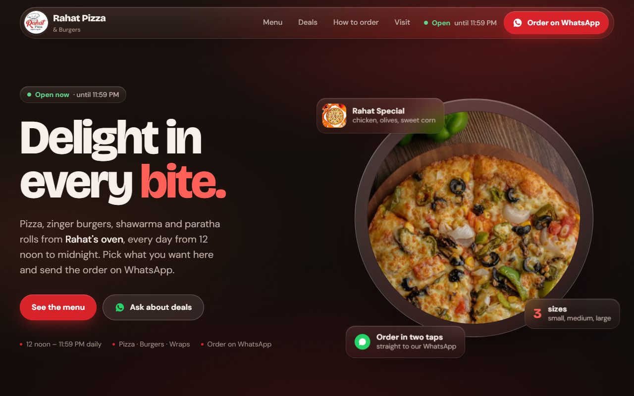 Rahat Pizza & Burgers website on a computer