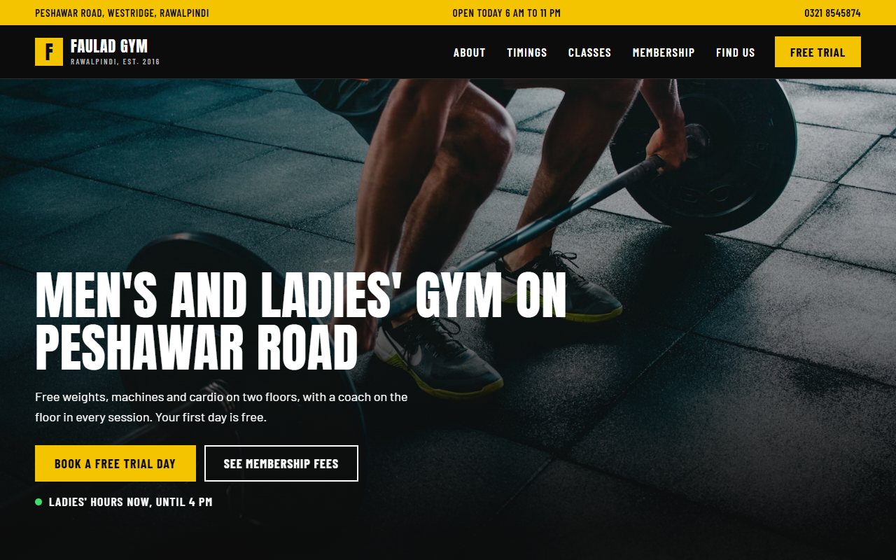 Home page of the Faulad Gym demo, with the headline Men’s and ladies’ gym on Peshawar Road over a photograph of a deadlift
