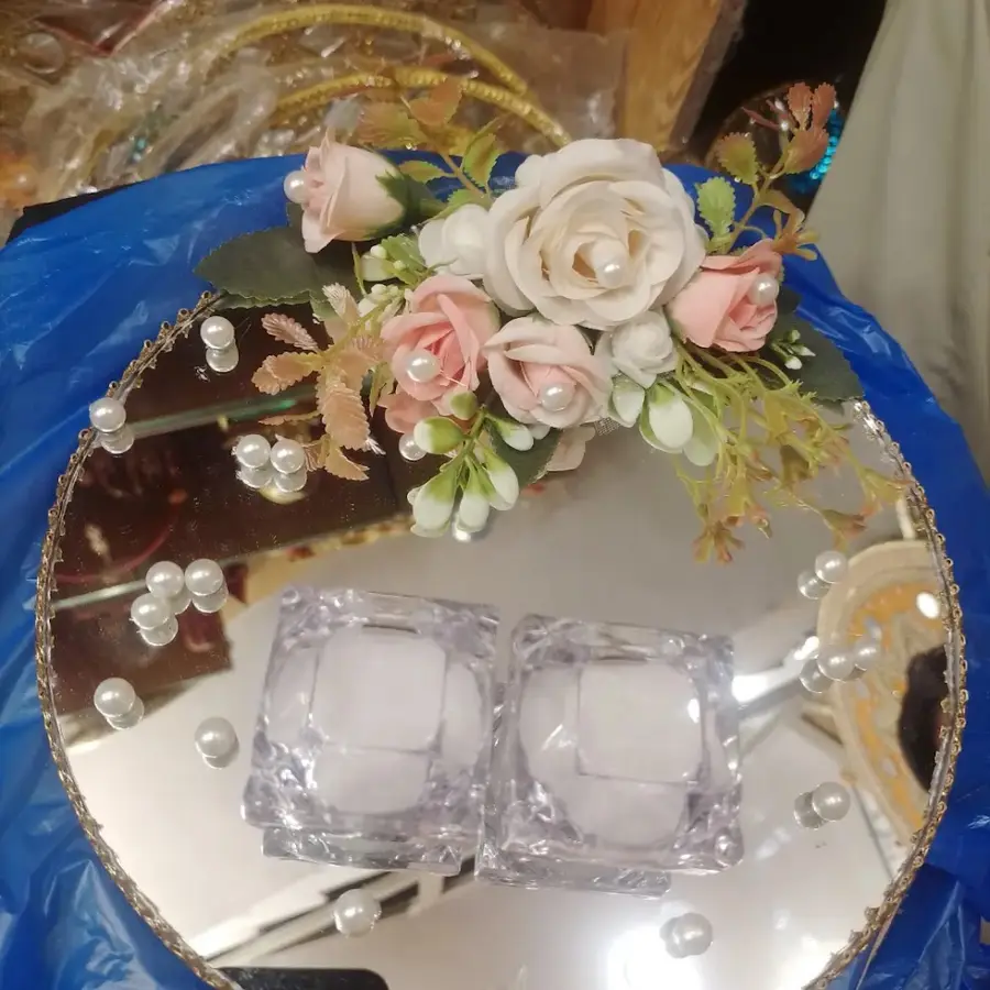 Mirror ring tray with pink flowers and glass ring boxes