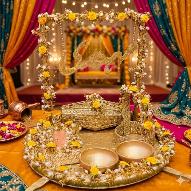 Mehndi thaal with a swing on the mehndi stage